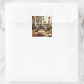 Turtles celebrating birthday with cake and hats vierkante sticker (Tas)