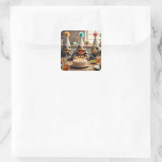 Turtles celebrating birthday with cake and hats vierkante sticker (Tas)