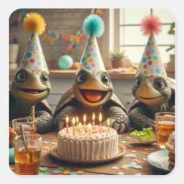 Turtles celebrating birthday with cake and hats vierkante sticker