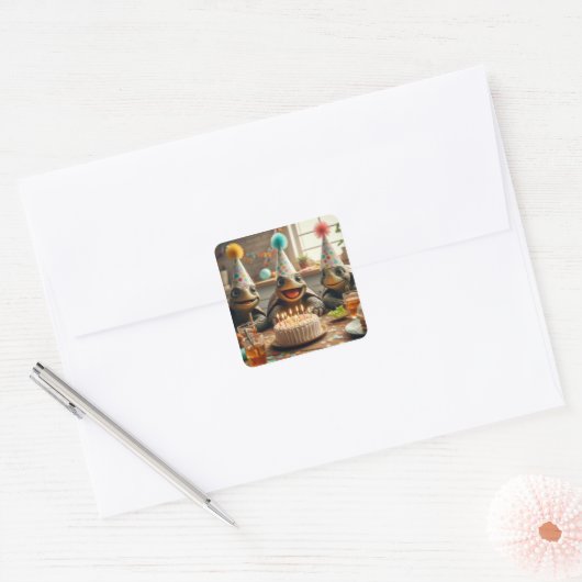 Turtles celebrating birthday with cake and hats vierkante sticker (Envelop)