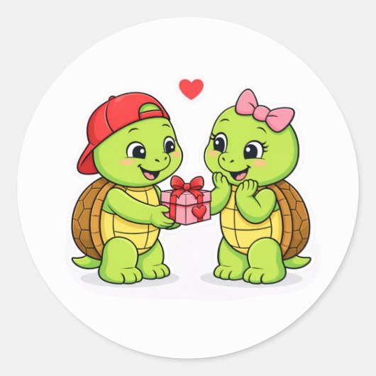 Turtles exchanging a gift of love ronde sticker (Voorkant)