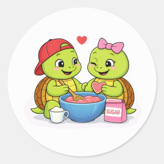Turtles making heart-shaped cookies ronde sticker (Voorkant)