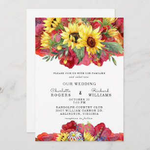 Tuscan Yellow and Vibrant Red Bold Floral Wedding Kaart