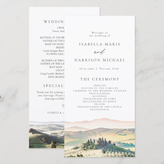 TUSCANY Italië Waterverf Skyline Wedding Programme Bedankkaart (Voorkant / Achterkant)