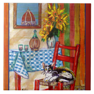 TUSCANY KITCHEN CAT,SUNFLOWERS-WIJNGLASSEN TEGELTJE