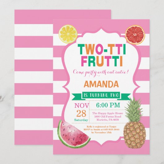 Tutti Frutti Invitation fête d'anniversaire 2e Ann (Devant / Derrière)