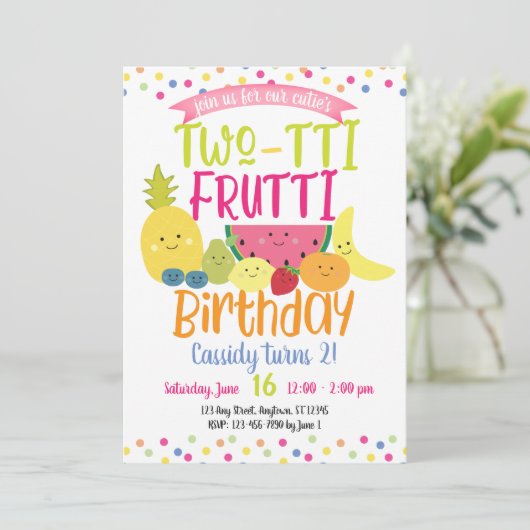 Tutti "Two-tti" Frutti Fun Kids Birthday Party Kaart (Staand voorkant)