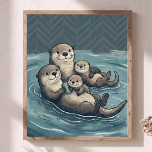 Tuttige Zeeotterfamilie-kinderkamer Kunst Chevron Poster