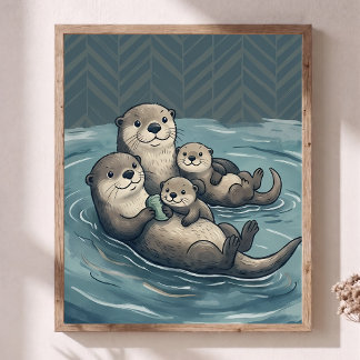 Tuttige Zeeotterfamilie-kinderkamer Kunst Chevron Poster