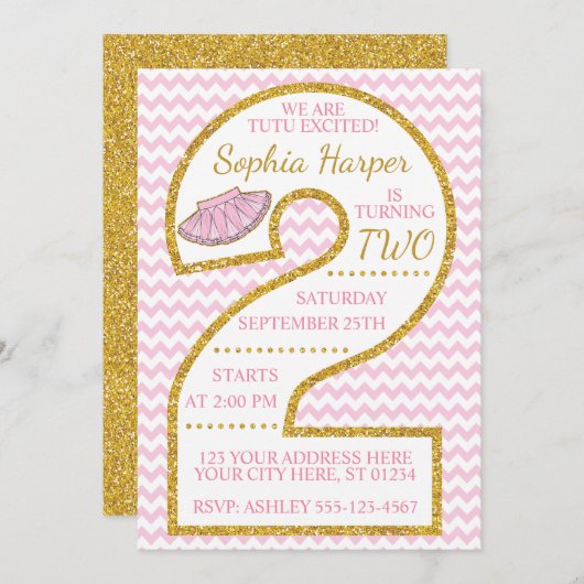 Tutu 2e verjaardag uitnodiging | Ballerina (Voorkant / Achterkant)