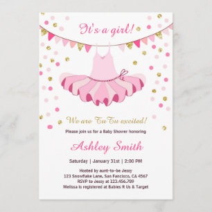 TuTu Baby shower Invitation Girl Pink Gold Glitter Kaart