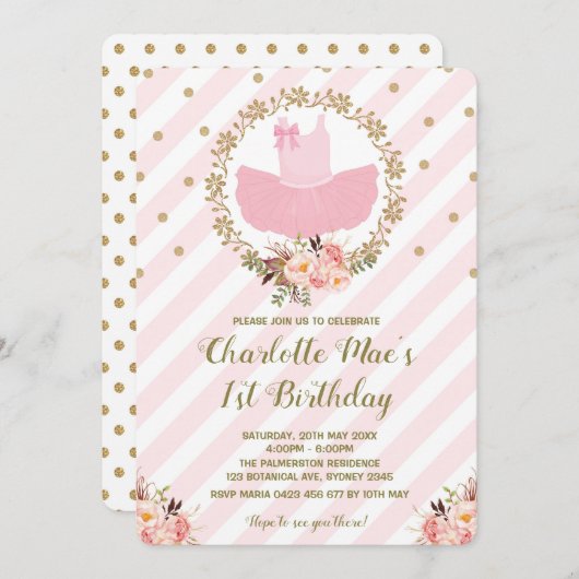 Tutu Ballerina Ballet Anniversaire Invitation Rose (Devant / Derrière)
