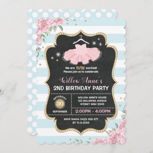 Tutu Ballerina Bleu rose or Invitation d'anniversa (Devant / Derrière)