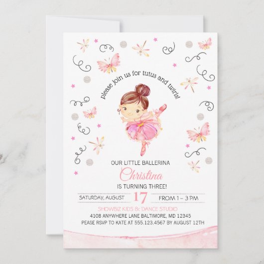 Tutu's et Twirls Ballerina Invitation d'anniversai (Devant)