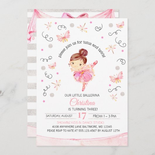 Tutu's et Twirls Ballerina Invitation d'anniversai (Devant / Derrière)