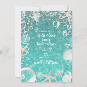 Tuurblauw betoverde zee zeester en bubbels bruids- kaart
