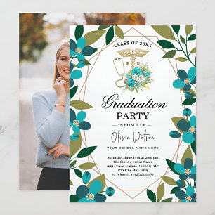 Tuurblauw en Goud Bloemen RN Afstudeeruitnodiging Kaart