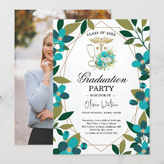 Tuurblauw en Goud Bloemen RN Afstudeeruitnodiging Kaart