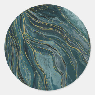 Tuurblauw Goud Abstract Waterverf Golven Ronde Sticker
