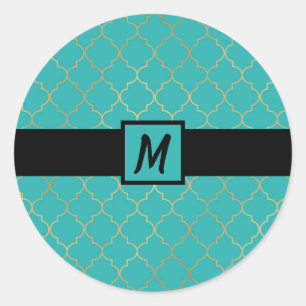Tuurblauw & Goud Quatrefoil Monogram Feest Ronde Sticker