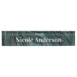 Tuurblauw Gouden Abstract Waterverf Golven Naambordje