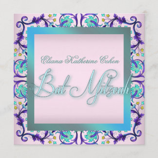 Tuurblauw Roze Bat Mitzvah Uitnodigingen