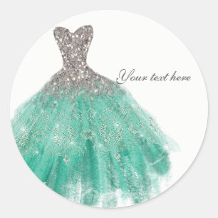 Tuurblauw & Zilver Glitter Glamour Jurk Verjaardag Ronde Sticker