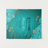 Tuurquoise en Gouden Bloem Bruiloft Welkom Wandkleed (Voorkant (horizontaal))