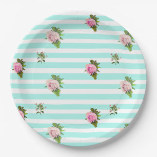 Tuurquoise en Roze Bloemige Vintage Papieren Borde Bordje
