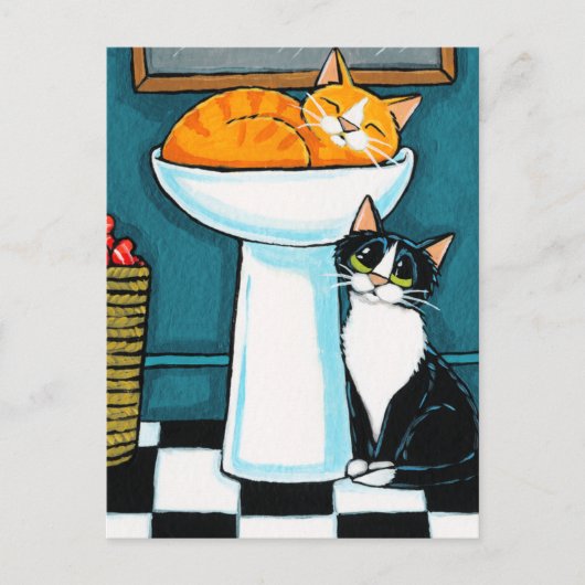 Tux- en tabletkatten in de illustratie Bathroom-go Briefkaart (Voorkant)