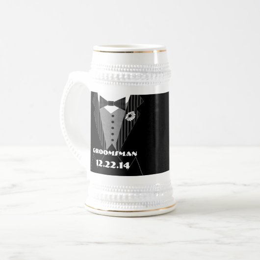 Tuxedo Bow Stropdas Gerber Daisy Groomsman Stein - Bierpul (Voorkant links)