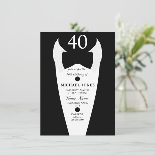 Tuxedo Bow Stropdas Mannen 40e verjaardag Uitnodig Kaart (Staand voorkant)
