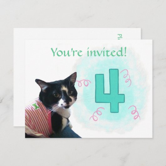 Tuxedo Cat Age Quatre Anniversaire Invitations (Devant / Derrière)