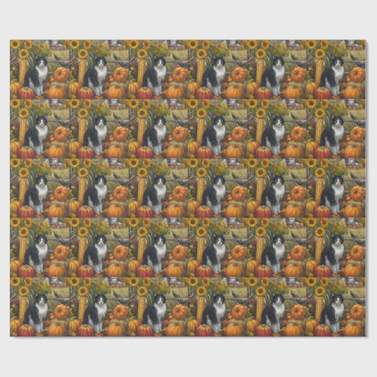 Tuxedo Cat Autumn Harvest Thanksgiving Cadeaupapier (Vlak)