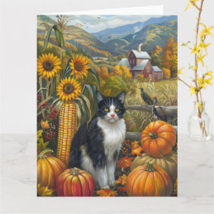 Tuxedo Cat Autumn Harvest Thanksgiving Kaart