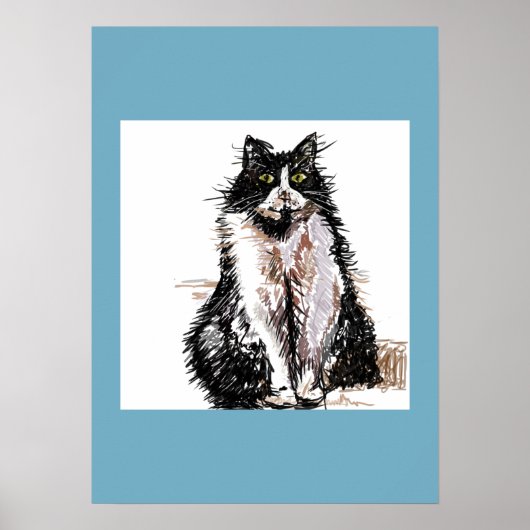 Tuxedo Cat Black White Cats Blue Poster (Voorkant)