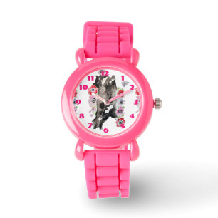Tuxedo Cat Cats Art Animal Childs Pink Sparkly Wat Horloge