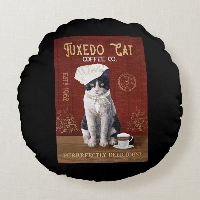 Tuxedo Cat Chef Coffee Love Tuxedo Lover Cat Life Rond Kussen (Voorkant)