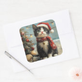 Tuxedo Cat Christmas Beach Vierkante Sticker (Envelop)