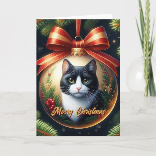 Tuxedo Cat Christmas Kaart (Voorkant)