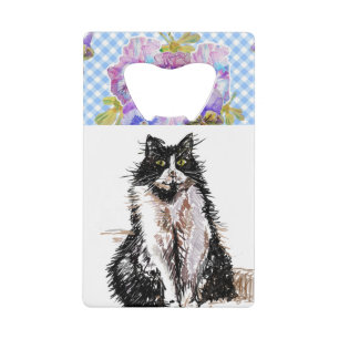 Tuxedo Cat Cute Drawing Black and White Cats Kredietkaart Flessenopener