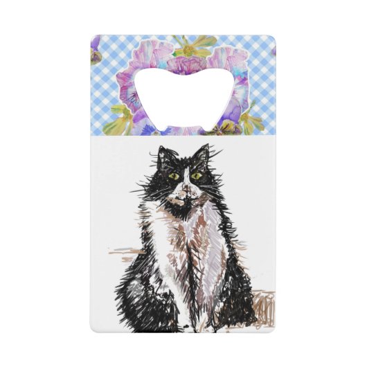 Tuxedo Cat Cute Drawing Black and White Cats Kredietkaart Flessenopener (Voorkant)
