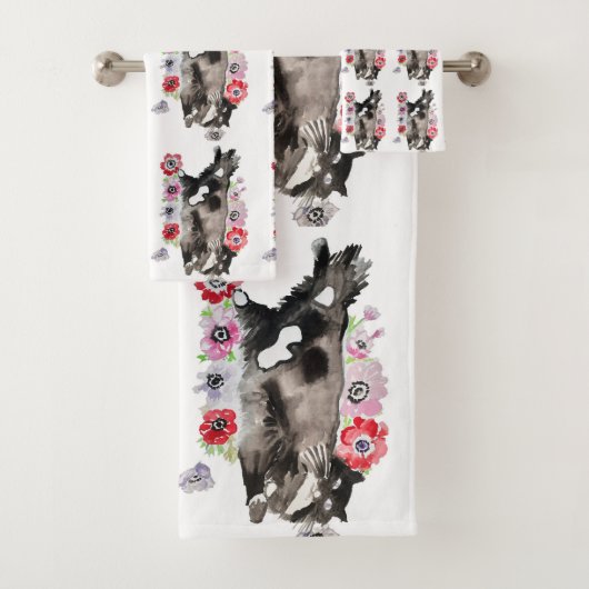 Tuxedo Cat Cute Flowers Katten Waterverf Bad Handdoek (Insitu)