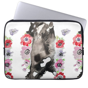 Tuxedo Cat Cute Flowers Katten Waterverf Laptop Sleeve