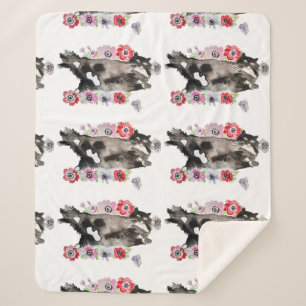 Tuxedo Cat Cute  Flowers Katten Waterverf Sherpa Deken