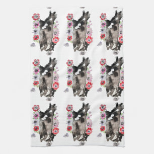 Tuxedo Cat Cute  Flowers Katten Waterverf Theedoek