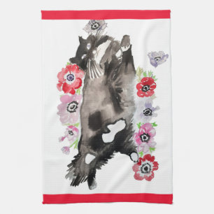 Tuxedo Cat Cute  Flowers Katten Waterverf Theedoek