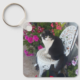 Tuxedo Cat Cute met bloemen zwarte katten Sleutelhanger