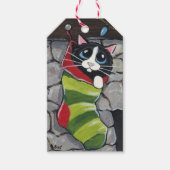 Tuxedo Cat dans un stock rayé étiquettes cadeaux (Devant)