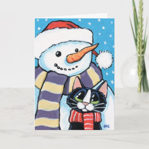 Tuxedo Cat en Carrot Nose Snowman Painting Feestdagen Kaart